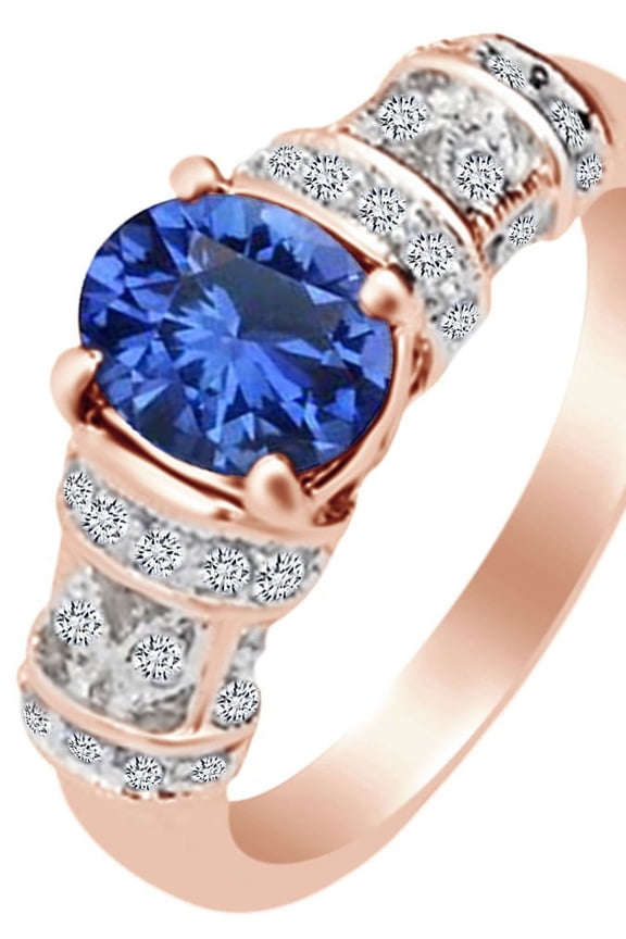 Simulated Blue Sapphire & White Simulated Diamond Engagement Ring 14k Rose Gold over Silver-9.5