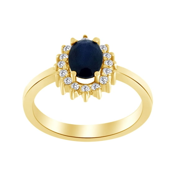 AFFY Oval Cut Simulated Blue Sapphire & White Cubic Zirconia Engagement Ring In 10k Yellow Gold (0.17 cttw) Ring Size-11
