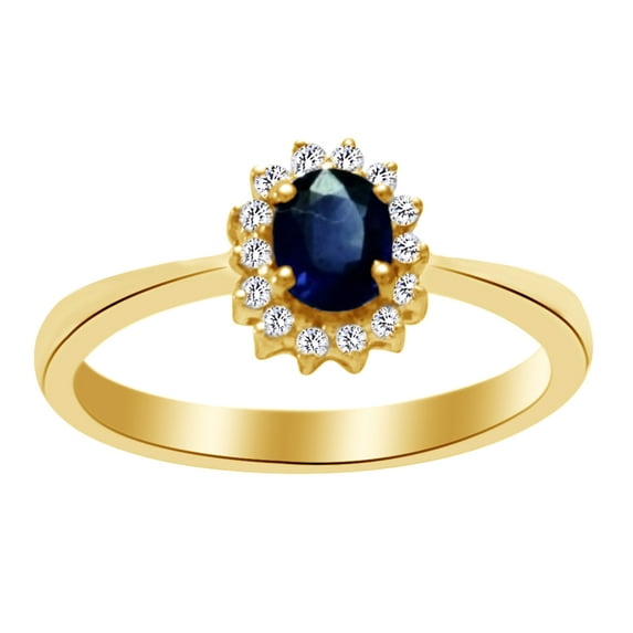 AFFY Oval Cut Simulated Blue Sapphire & White Natural Diamond Engagement Ring In 10k Solid Gild (1 cttw), Ring Size-5
