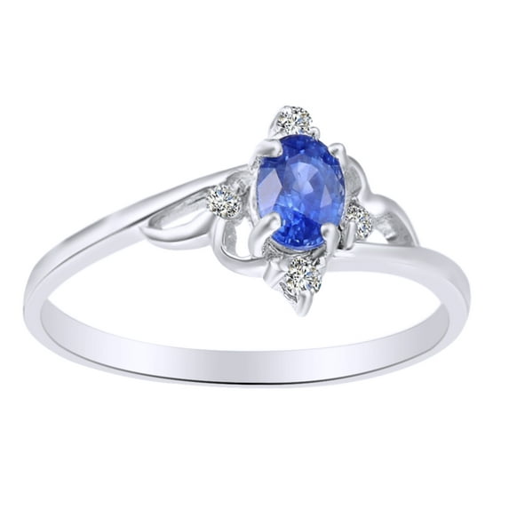 AFFY Oval Cut Simulated Blue Sapphire, White Natural Diamond Engagement Ring In 10k White Gold (0.6 cttw), Ring Size-4