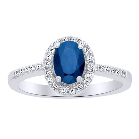 AFFY Oval Cut Simulated Blue Sapphire & White Natural Diamond Halo Ring In 10k White Gold Ring Size-5.5