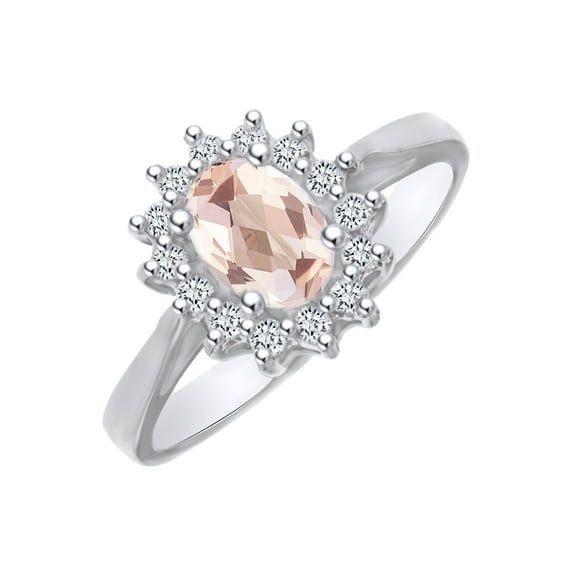 AFFY Oval Cut Simulated Morganite & White Natural Diamond Halo Solitaire Engagement Ring In 14k Solid White Gold Ring Size-7