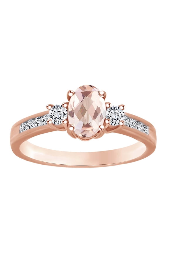 Oval Cut Simulated Morganite & White Natural Diamond Three Stone Engagement Ring In 14k Solid Rose Gold Ring Size-6