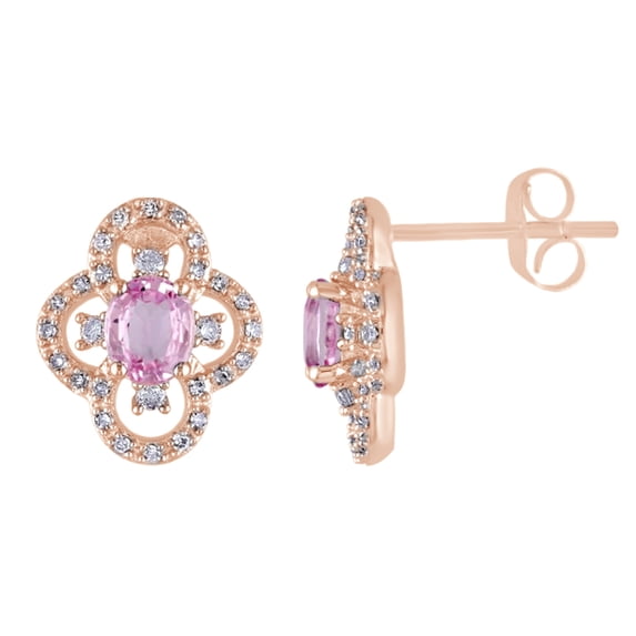 AFFY Oval Cut Simulated Pink Sapphire With Natural Diamond Clover Flower Stud Earrings In 10K Solid Rose Gold By