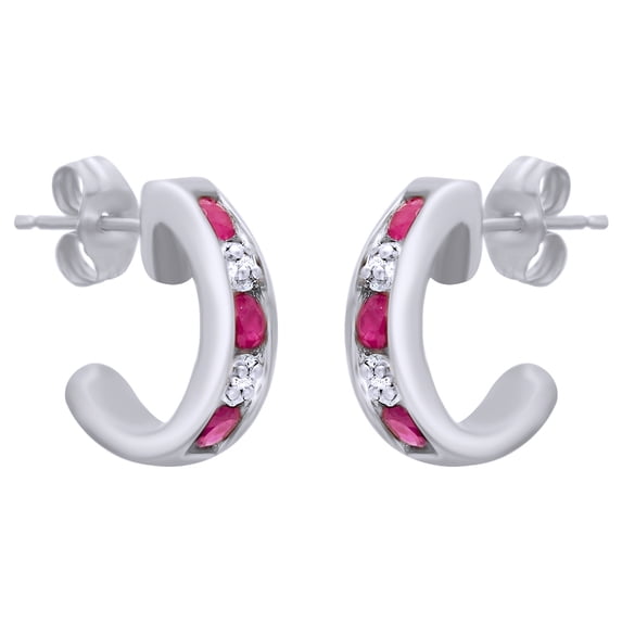 Oval Cut Simulated Pink Sapphire With Natural Diamond J Hoop Earrings In 10K Solid White Gold
