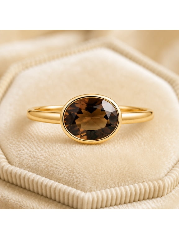Oval Cut Smoky Quartz Gemstone Ring, 925 Sterling Silver Yellow Gold Plated Promise Ring, Elegant Handmade Bezel Band Ring, Wedding Anniversary Gift Jewelry For Her