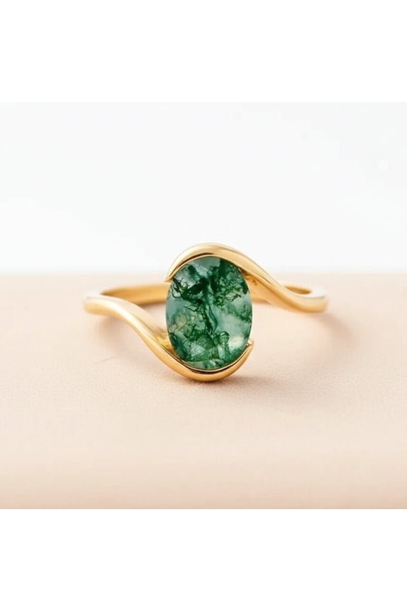 Oval Cut Solitaire Natural Moss Agate Ring, Half Bezel Moss Agate Engagement Ring, Birthday Gift For Her, Nature Inspired Ring, Stackable Band Ring, Minimalist Bypass Ring