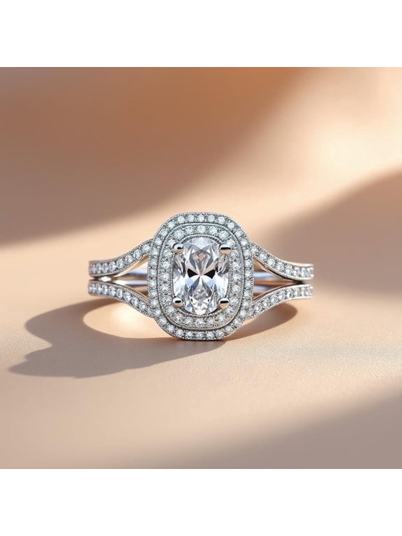 Oval Cut Split Shank Halo Ring, Elegant Engagement Ring, 18K Gold Over Silver