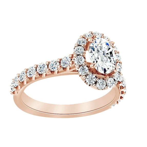AFFY Oval Cut White Moissanite With Natural Diamond Halo Engagement Ring In 14K Rose Gold (0.75 Ct), Size-7.5