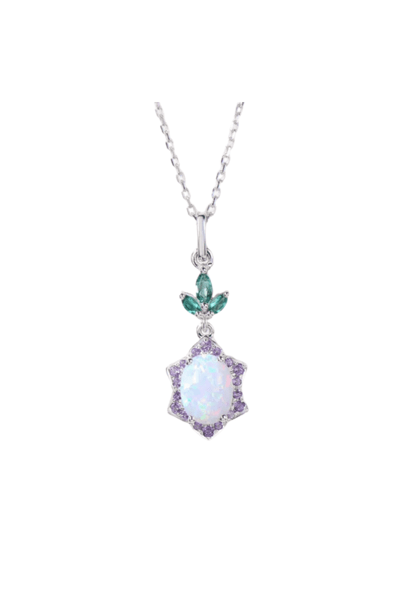 Oval Cut White Opal Wedding Necklace - Cluster Amethyst Halo Pendant in 925 Sterling Silver - Engagement Wedding Bridal Necklace - Free 18'' inch Chain