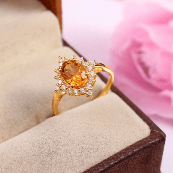 Oval Cut Yellow Topaz & Diamond Halo Wedding Ring in 14k Yellow Gold Vermeil - Statement Anniversary Ring For Her