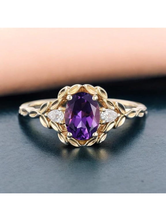 Oval Cut ring Vintage gold plated Amethyst Leaf engagement ring Sterling Silver ring Birth ring Nature inspired Twig ring Gift for her