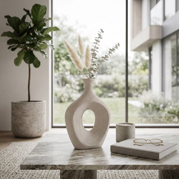 Oval Cutout Vase for Living Room Decor - Modern Ceramic Flower Vase for Home, Bedroom Vanity, Office, and Table Accents - Tall Textured Design for Shelf and Entryway Decor - 14", Ivory