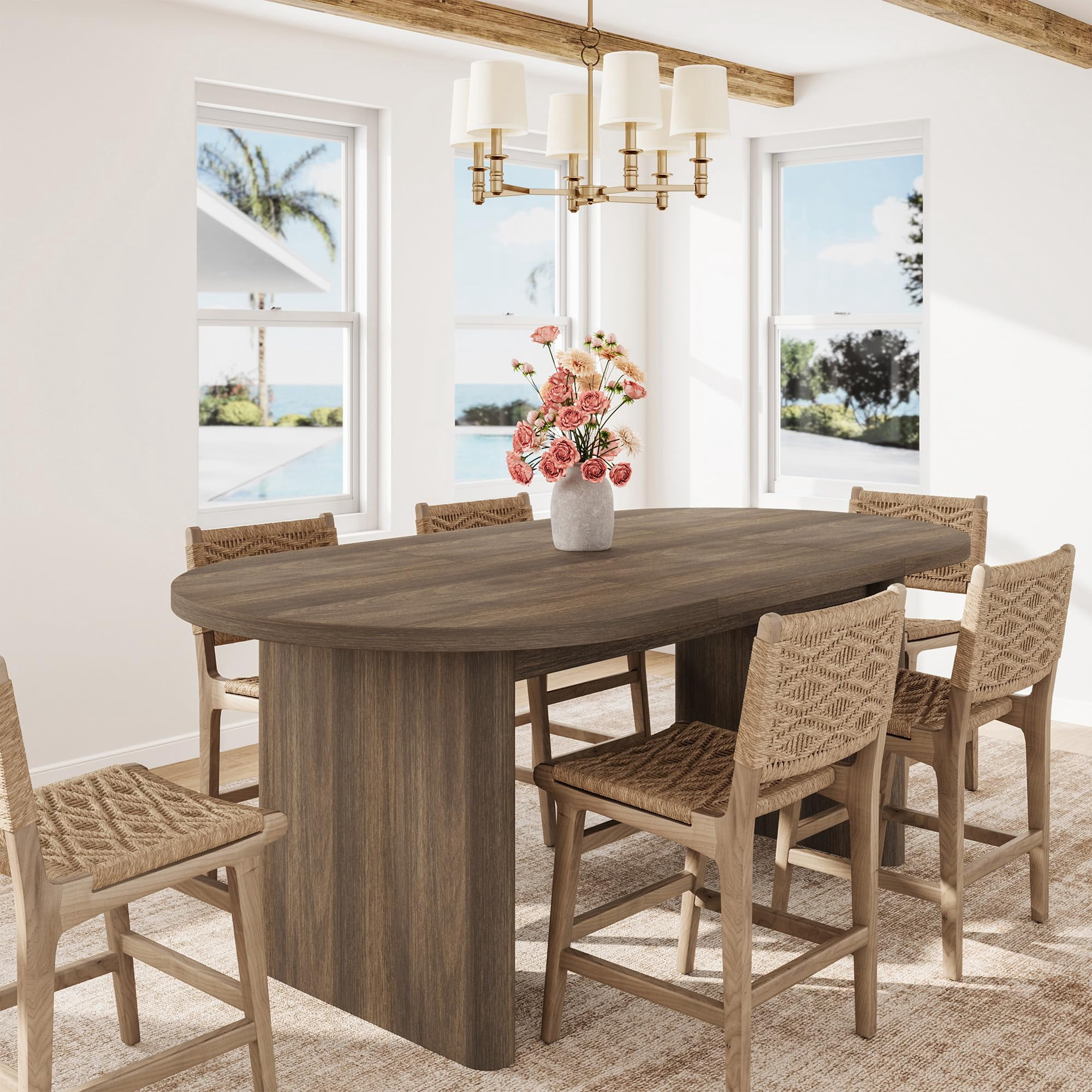 Oval Dining Table for 6-8 People, Long Large Kitchen Table with Thick Sturdy Wooden Base, Farmhouse Dining Room Table for for Kitchen, Living Room, Office