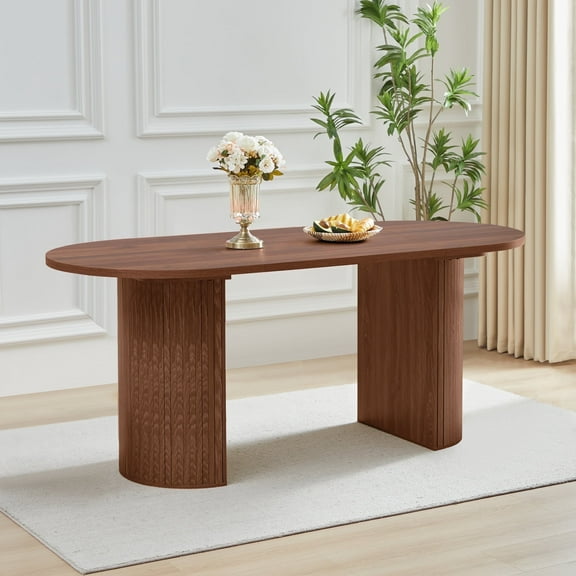 Oval Dining Table for 6 with Semi-circular legs, Modern Large Kitchen Dining Room Table with Wooden Strip Base for Rustic Farmhouse, Meeting Room Reception Room,Tightly(Walnut)