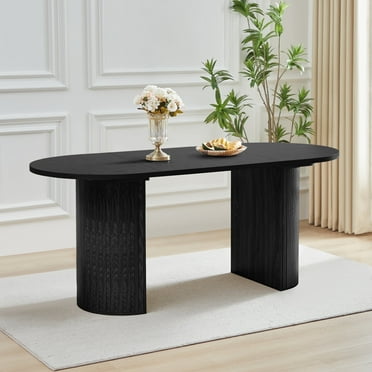 Oval Dining Table for 6 with Semi-circular legs, Modern Large Kitchen Dining Room Table with Wooden Strip Base for Rustic Farmhouse, Meeting Room Reception Room,Tightly(Black)