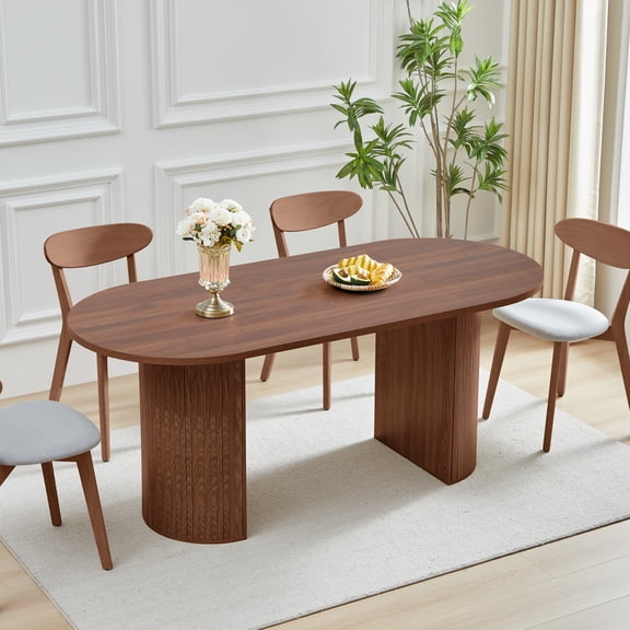 Weselon 70.8" Oval Wood Dining Table for 4-6, Modern Farmhouse Kitchen Table for Dining Room with Semi-Circular Legs, Walnut