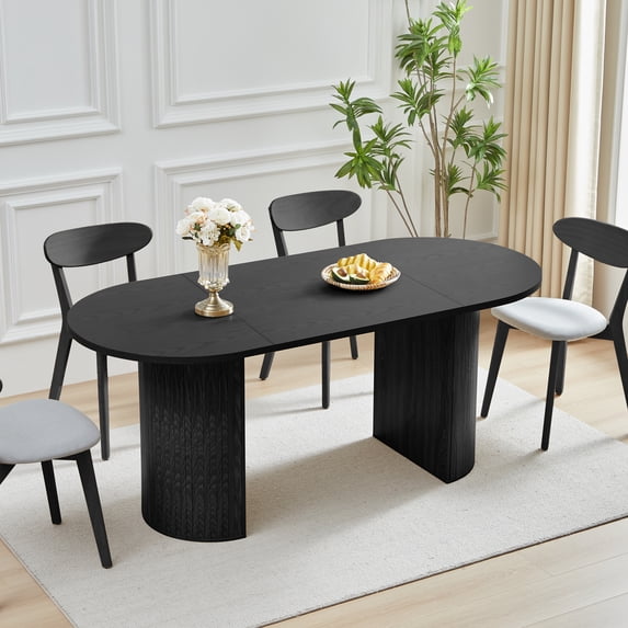 Weselon 70.8" Oval Wood Dining Table for 4-6, Modern Farmhouse Kitchen Table for Dining Room with Semi-Circular Legs, Black