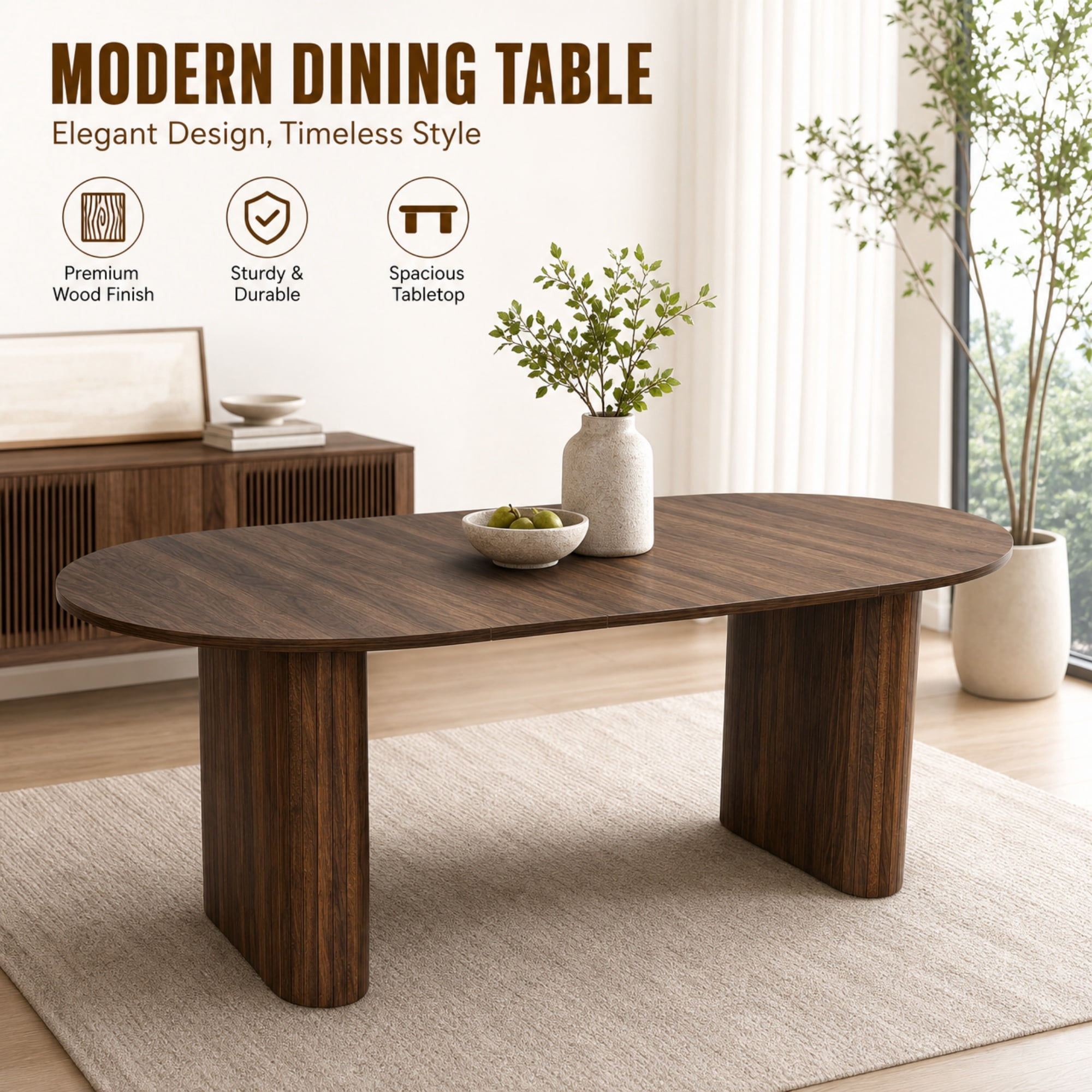 Oval Dining Table 70.87 Inch, Farmhouse Kitchen Table with Wood Strip Metal Base and Rounded Edges, Living Room and Reception Furniture, Walnut Brown