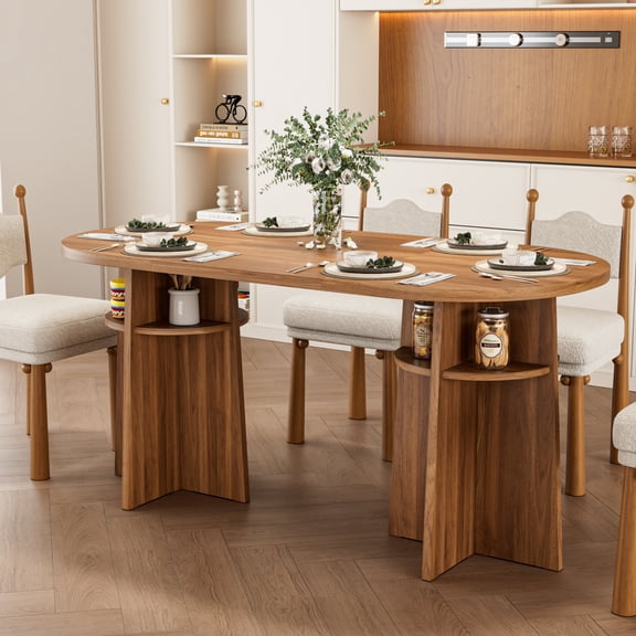 Oval Dining Table for 6, Modern Dining Room Table with Storage, Farmhouse Kitchen Table for Living Room