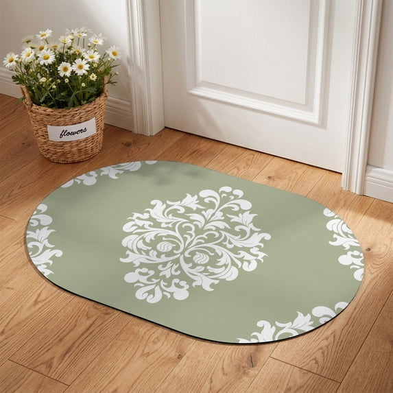 Oval Door Mat 16"x24", Baroque Sage Green Absorbent Non Slip Welcome Mats for Front Door, Vintage Damask Classic Floral Diatomaceous Entryway Rug for Home Bathroom Kitchen Apartment Entrance