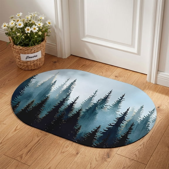 Oval Door Mat 16"x24", Forest Turquoise Absorbent Non Slip Welcome Mats for Front Door, Retro Trees Silhouette Landscape Diatomaceous Entryway Rug for Home Bathroom Kitchen Apartment Entrance