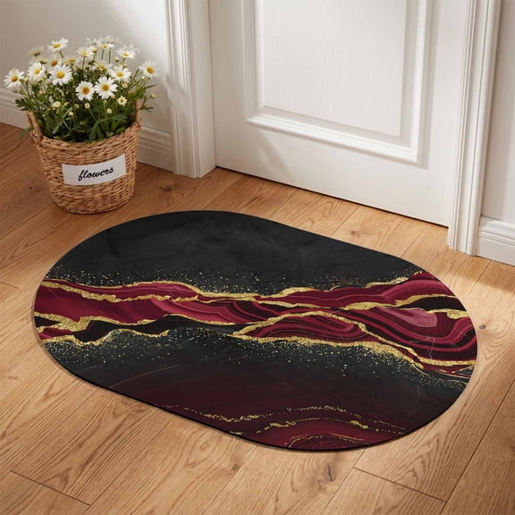 Oval Door Mat 16"x24", Red Marble Absorbent Non Slip Welcome Mats for Front Door, Gold Abstract Vintage Modern Ombre Art Diatomaceous Entryway Rug for Home Bathroom Kitchen Apartment Entrance