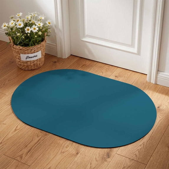 Oval Door Mat 18"×30" Solid Dark Absorbent Door Mat Outside Entrance Teal Low-Profile Non Slip Front Rug for Kitchen Bathroom Bedroom