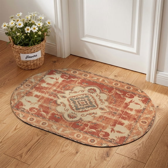Oval Door Mat 18"x30", Orange Boho Absorbent Non Slip Welcome Mats for Front Door, Geometric Antique Tribal Retro Ethnic Diatomaceous Entryway Rug for Indoor Bathroom Kitchen Laundry Room Entrance