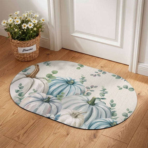Oval Door Mat 18"x30", Teal Grey Pumpkin Fall Absorbent Non Slip Welcome Mats for Front Door, Thanksgiving Eucalyptus Leaves Diatomaceous Entryway Rug for Indoor Bathroom Kitchen Laundry Entrance