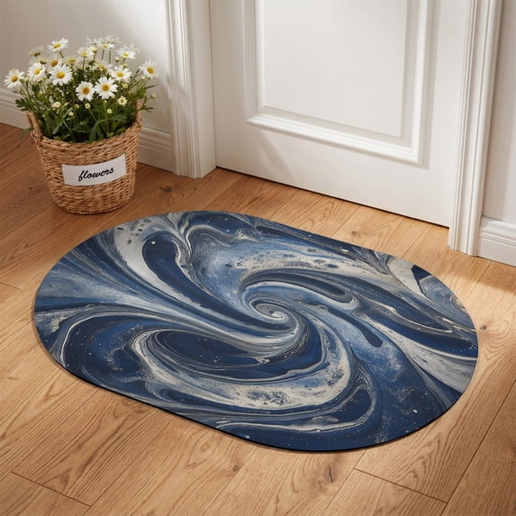 Oval Door Mat 20"x31.5", Navy Blue Abstract Absorbent Non Slip Front Door Mat, White Moire Abstract Diatomaceous Entryway Rug for Indoor Patio Living Room Kitchen Door Entrance