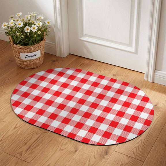 Oval Door Mat 24"x36", Red White Plaid Large Absorbent Non Slip Front Entrance Rug, Modern Farmhouse Buffalo Check Gingham Diatomaceous Welcome Mat for Indoor Double Door Garage Entryway Living Room