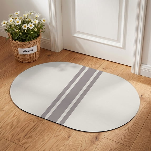 Oval Door Mat 24"x36", Simple Farmhouse Style, Large Absorbent Non Slip Front Entrance Rug, Abstract Grey Geometric Stripe Diatomaceous Welcome Mat for Indoor Double Door Garage Entryway Living Room