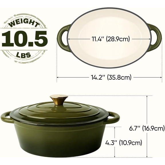 Oval Dutch Oven for Bread Baking, 4.5 Quart Non Stick Enameled Cast Iron Dutch Oven Pot with Lid, Oven Safe Oval Casserole with Lid up to 500 ° F for Baking, Braising, Stews, Roasting, Golden Green
