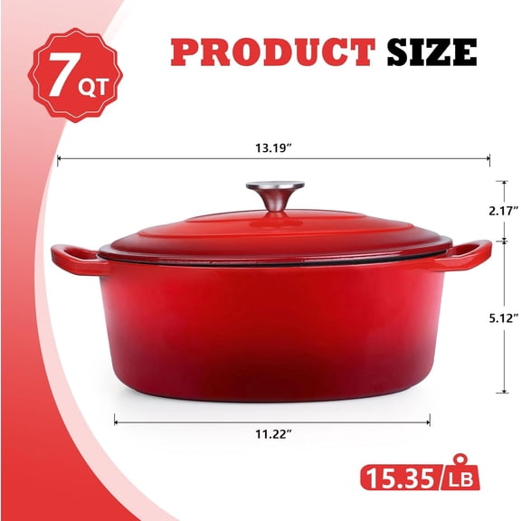 Oval Dutch Oven with Lid, 7QT, Red