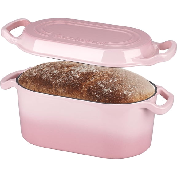 Oval Dutch Oven Pot with Lid, Enamel Coating Cast Iron Bread Pans for Homemade Sourdough Bread Baking, Cooking, 4 Quart, Pink