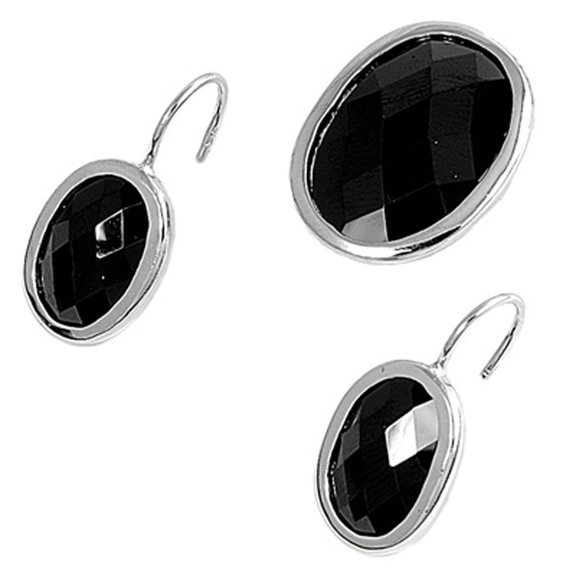 Oval Earrings Black Cubic Zirconia .925 Sterling Silver Pendant Set Jewelry Female Unisex