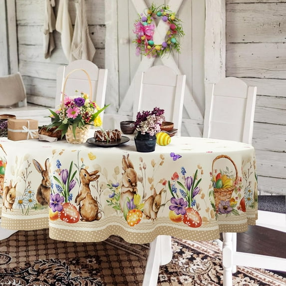 Oval Easter Tablecloth 54 x 72Inch, Spring Floral and Bunny Easter Egg Watercolor Tablecloth, Waterproof Wrinkle Resistant Table Cloth, Holiday Kitchen Dining Spring Decor