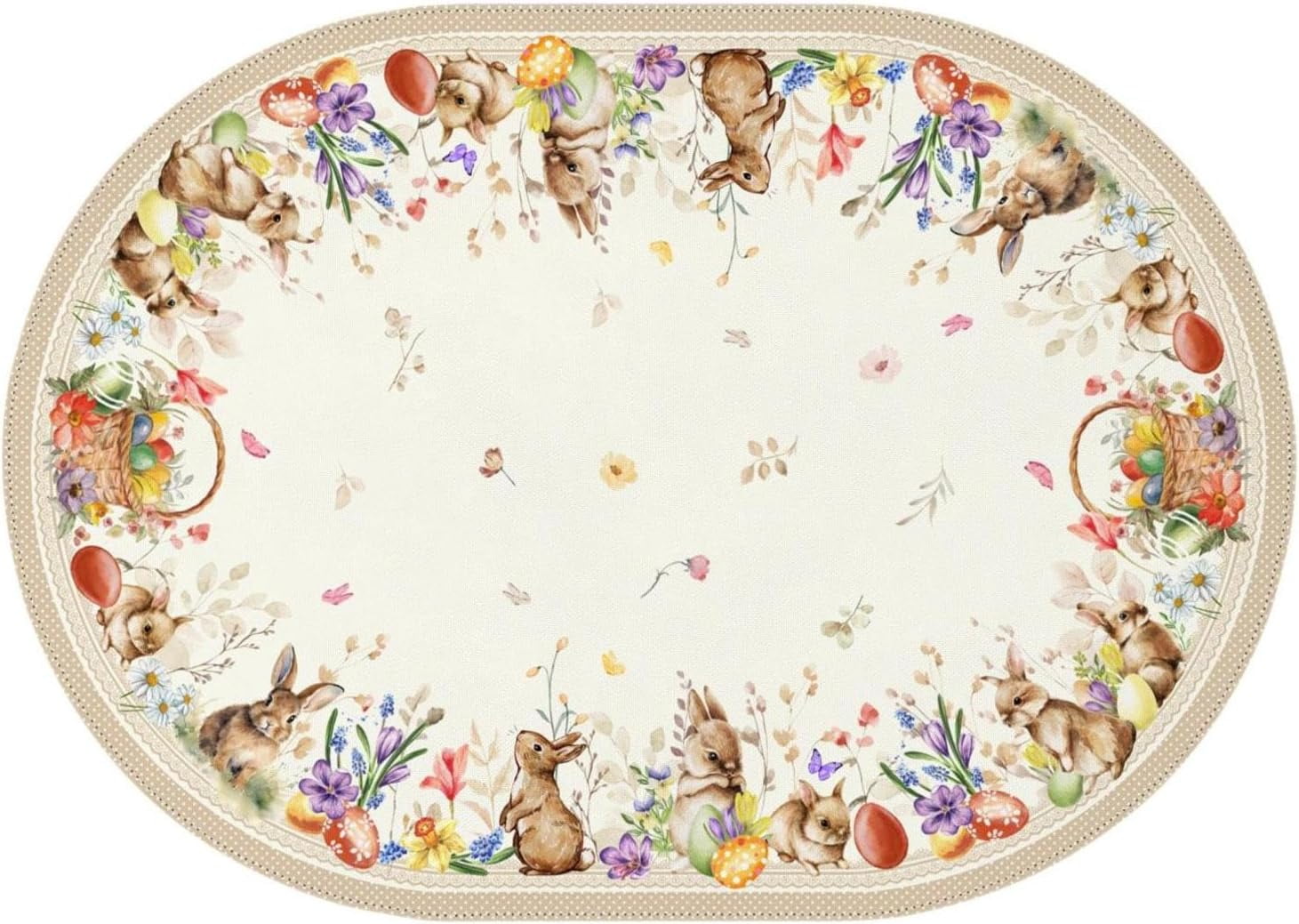 Oval Easter Tablecloth 54 x 72Inch, Spring Floral and Bunny Easter Egg