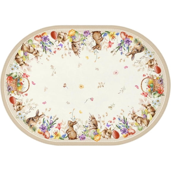 Oval Easter Tablecloth 60x102Inch, Spring Floral and Bunny Easter Egg Watercolor Tablecloth, Waterproof Wrinkle Resistant Tablecloth, Holiday Kitchen Dining Spring Easter Decor