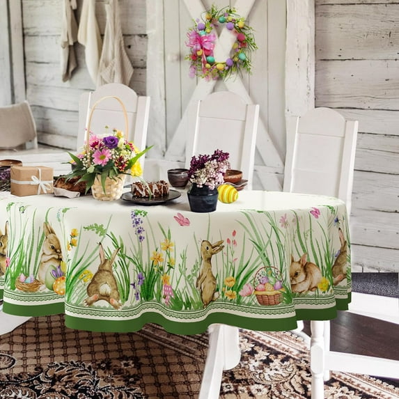 Oval Easter Tablecloth 60x102Inch, Spring Floral Leaf and Bunny Easter Egg Watercolor Tablecloth, Waterproof Wrinkle Resistant Tablecloth, Holiday Kitchen Dining Spring Easter Decor