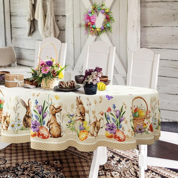 Oval Easter Tablecloth 60x84Inch, Spring Floral and Bunny Easter Egg Watercolor Tablecloth, Waterproof Wrinkle Resistant Tablecloth, Holiday Kitchen Dining Spring Easter Decor