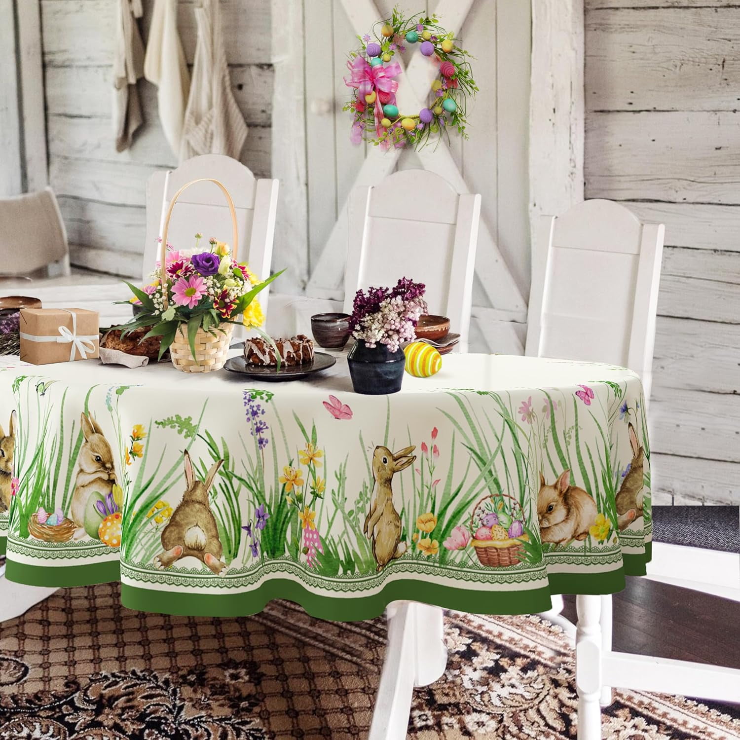 Oval Easter Tablecloth54x72Inch, Spring Floral Leaf and Bunny Easter