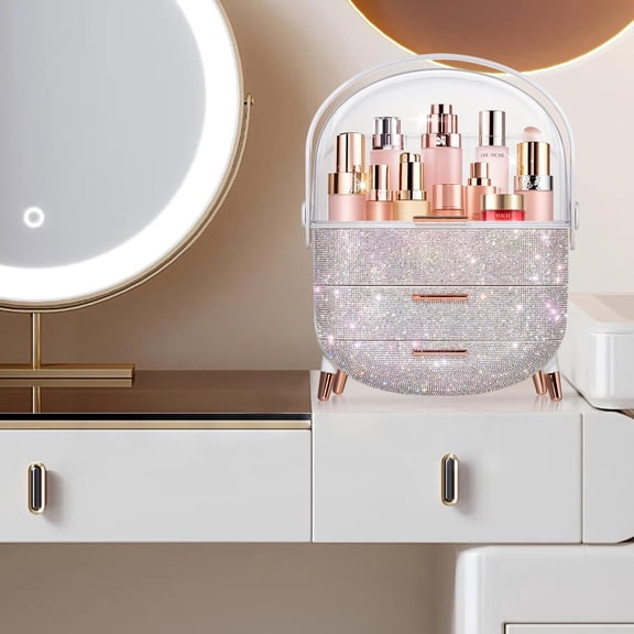 Oval Egg-Shaped Makeup Storage Box with Rhinestone Vanity Cosmetic Organizer Preppy Style White
