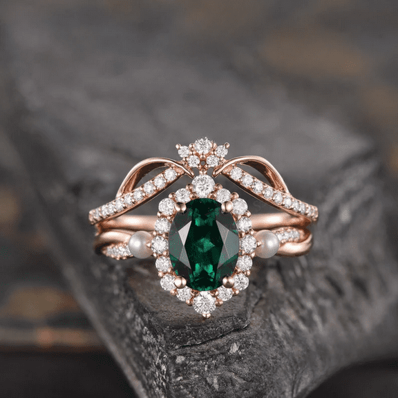 Oval Emerald Bridal Ring Set- Bridal Set Halo Infinity Diamond Wedding Ring in 14K Rose Gold Vermeil