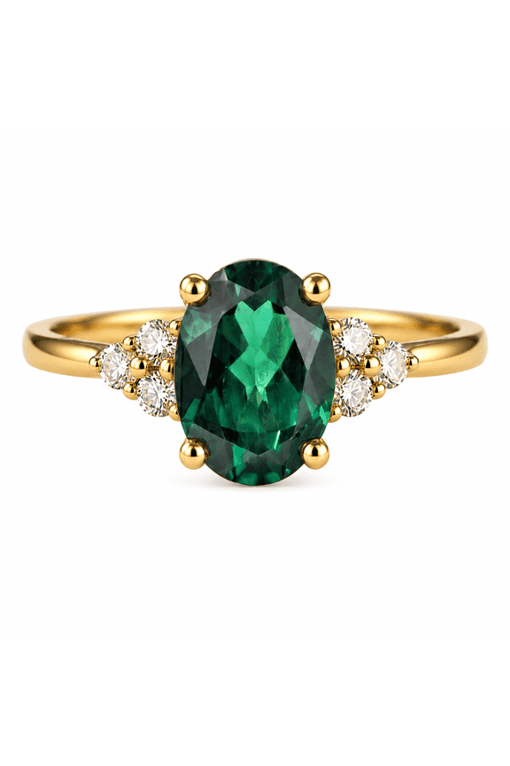Oval Emerald Green Gemstone Ring for Women, Gold Plated Engagement Ring with White CZ Accents, Promise Ring, Gift for Her