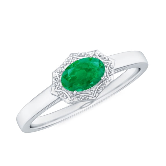 Rosec Jewels Natural Emerald Oval Engagement Ring - Vintage Style Half Carat Emerald Ring - AAA Quality - With Jewelry Box, 18K White Gold, US 3.00