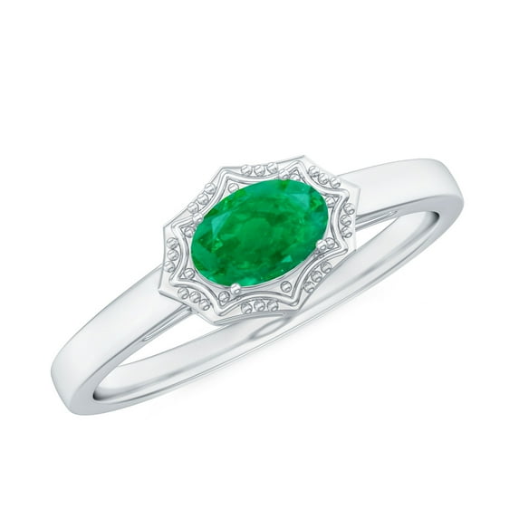 Rosec Jewels Natural Emerald Oval Engagement Ring - Vintage Style Half Carat Emerald Ring - AAA Quality - With Jewelry Box, 925 Sterling Silver, US 4.00