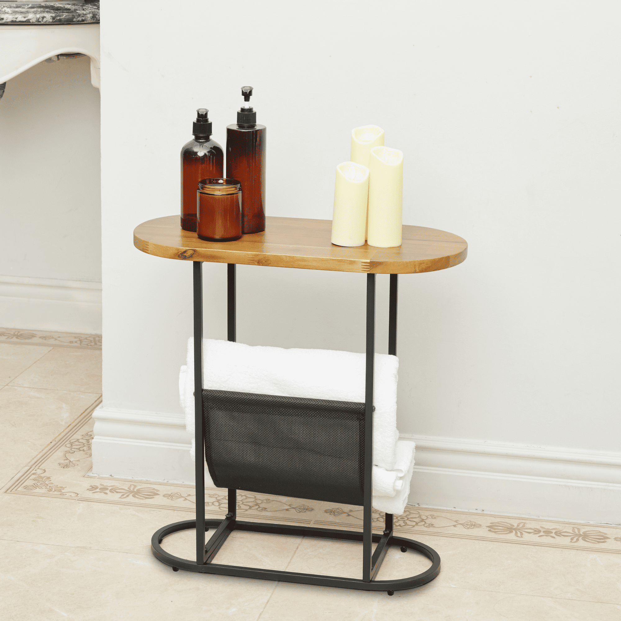 Oval End Table, Acacia Wood Narrow Side Table with Metal Frame, Small