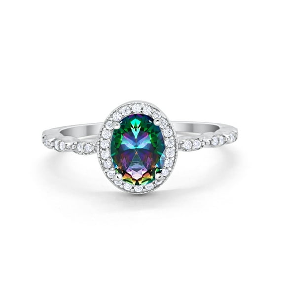 Oval Engagement Ring Halo Bridal Simulated Rainbow CZ 925 Sterling Silver Size 4